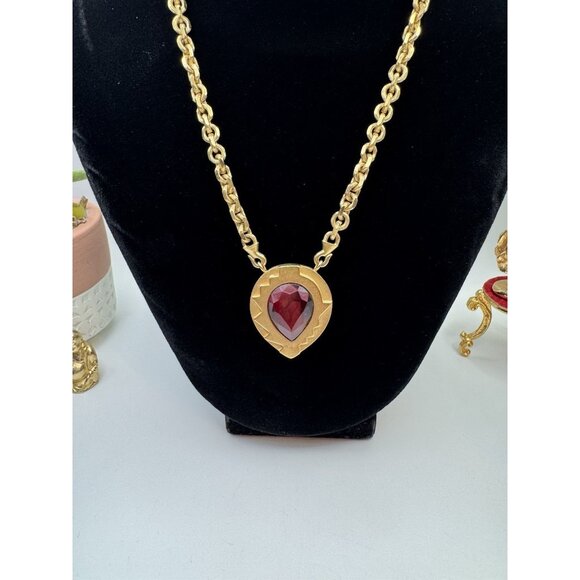 Vintage Monet Art Deco Choker Necklace Gold Red Rhinestone Teadrop 20” Runway - Picture 7 of 10